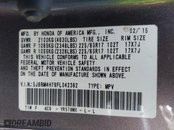 2015 Honda CR-V EX-L with VIN 5J6RM4H79FL042382, listed as a IAAI auction lot 41836496 with 249,111 mi miles. Bid and sale history available at carsss.com. Image 9.