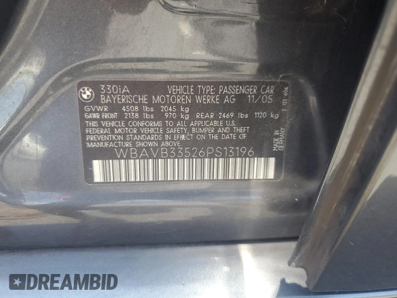 2006 BMW 3 Series 330i with VIN WBAVB33526PS13196, listed as a Copart auction lot 62484235 with 156,706 mi miles and Salvage title. Bid and sale history available at DreamBid. Image 12.