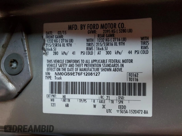 2015 Ford Transit Connect XL with VIN NM0GS9E76F1208127, listed as a Copart auction lot 75358604 with 151,670 mi miles and Salvage title. Bid and sale history available at DreamBid. Image 15.