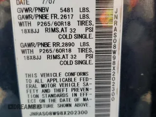 2008 Infiniti FX35 with VIN JNRAS08W98X202300, listed as a Copart auction lot 66097914 with 227,961 mi miles and Clean Title. Bid and sale history available at carsss.com. Image 13.
