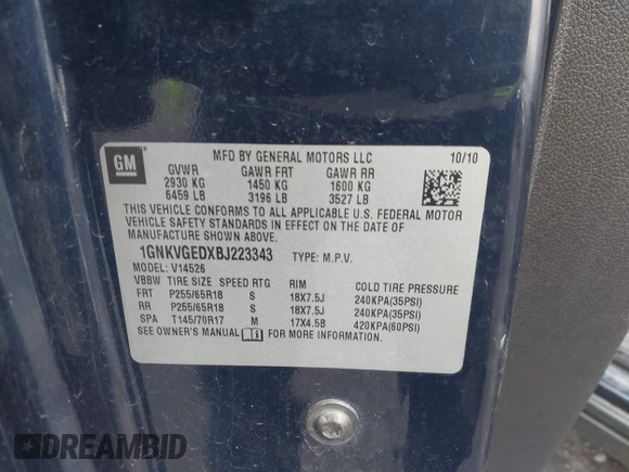 2011 Chevrolet Traverse 1LT with VIN 1GNKVGEDXBJ223343, listed as a IAAI auction lot 42033068 with 195,519 mi miles and . Bid and sale history available at DreamBid. Image 9.