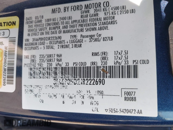 2018 Ford Fusion SE with VIN 3FA6P0HD2JR222690, listed as a IAAI auction lot 42172153 with 132,980 mi miles and . Bid and sale history available at DreamBid. Image 9.