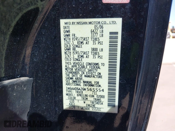2006 Nissan Titan SE with VIN 1N6AA06A26N565554, listed as a IAAI auction lot 40485704 with 154,559 mi miles and . Bid and sale history available at DreamBid. Image 9.