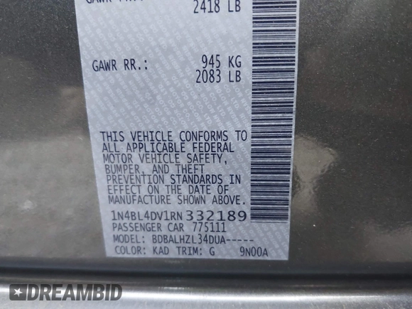 2024 Nissan Altima SV with VIN 1N4BL4DV1RN332189, listed as a IAAI auction lot 41779762 with 38,934 mi miles and . Bid and sale history available at DreamBid. Image 9.