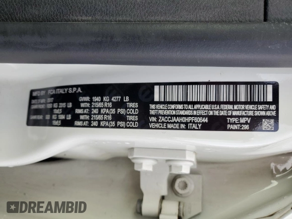 2017 Jeep Renegade Sport with VIN ZACCJAAH0HPF60644, listed as a Copart auction lot 52239475 with 67,934 mi miles and Salvage title. Bid and sale history available at DreamBid. Image 14.