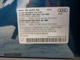 2019 Audi e-tron Prestige с VIN WA1VABGE8KB013239, выставлен на аукционе Copart как лот 66461565 с пробегом 52 301 миль миль и Чистый • Clean title. История ставок и продаж доступна на DreamBid. Изображение 12.