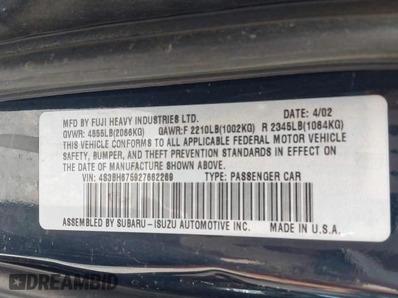 2002 Subaru Legacy Outback with VIN 4S3BH675927662269, listed as a IAAI auction lot 42646295 with 233,832 mi miles and . Bid and sale history available at DreamBid. Image 9.