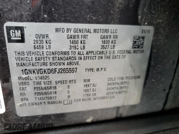 2015 Chevrolet Traverse LT with VIN 1GNKVGKD6FJ265597, listed as a Copart auction lot 55093755 with 118,480 mi miles and Salvage Title. Bid and sale history available at DreamBid. Image 13.