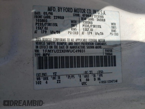 1998 Ford Explorer Sport с VIN 1FMYU22X0WUC49831, выставлен на аукционе Copart как лот 52305105 с пробегом 179 547 миль миль и Списание • Salvage title. История ставок и продаж доступна на DreamBid. Изображение 13.