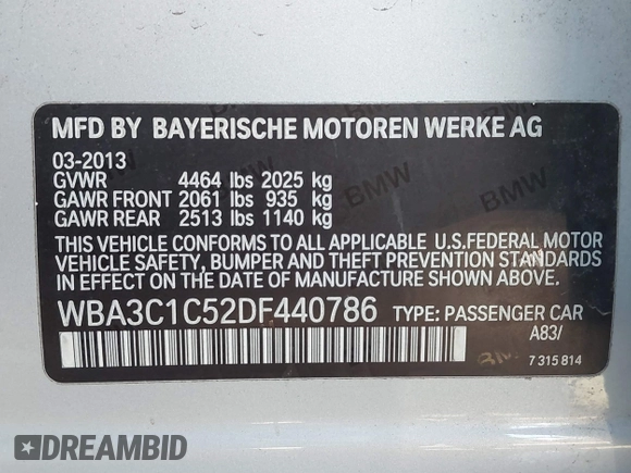 2013 BMW 3 Series 328i with VIN WBA3C1C52DF440786, listed as a IAAI auction lot 40777716 with 171,385 mi miles. Bid and sale history available at carsss.com. Image 9.