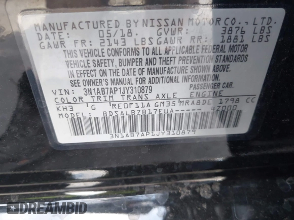 2018 Nissan Sentra SR with VIN 3N1AB7AP1JY310879, listed as a IAAI auction lot 42164907 with 121,237 mi miles and . Bid and sale history available at DreamBid. Image 9.