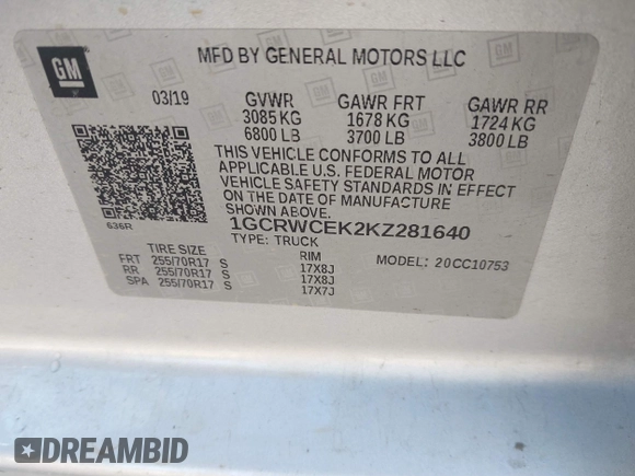 2019 Chevrolet Silverado 1500 LT with VIN 1GCRWCEK2KZ281640, listed as a IAAI auction lot 41289388 with 89,186 mi miles and . Bid and sale history available at DreamBid. Image 9.