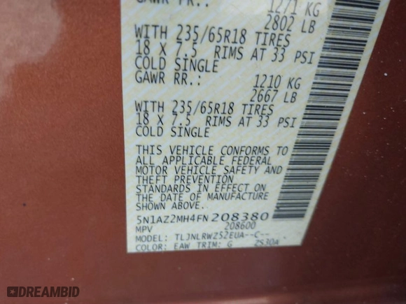 2015 Nissan Murano Platinum with VIN 5N1AZ2MH4FN208380, listed as a IAAI auction lot 41823307 with 138,173 mi miles. Bid and sale history available at carsss.com. Image 9.