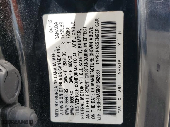 2012 Honda Civic Cpe LX with VIN 2HGFG3A58CH542689, listed as a Copart auction lot 49291585 with 204,804 mi miles and Clean Title. Bid and sale history available at carsss.com. Image 12.