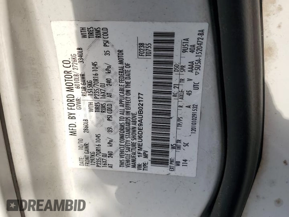 2010 Ford Explorer XLT with VIN 1FMEU6DE9AUB02177, listed as a Copart auction lot 56868605 with 158,090 mi miles and Salvage title. Bid and sale history available at DreamBid. Image 13.