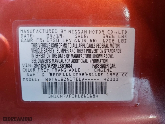 2019 Nissan Versa Sedan SV with VIN 3N1CN7AP3KL861684, listed as a Copart auction lot 88882765 with 66,060 mi miles and Salvage Title. Bid and sale history available at carsss.com. Image 14.