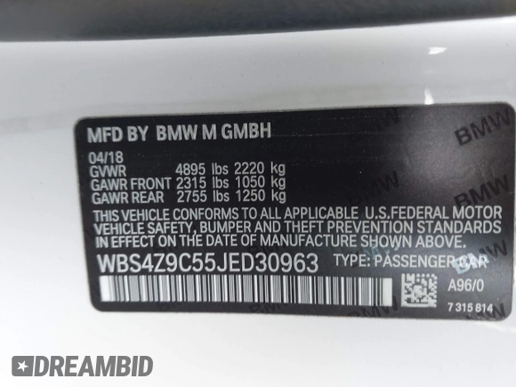 2018 BMW M4 with VIN WBS4Z9C55JED30963, listed as a IAAI auction lot 41641751 with 34,543 mi miles and . Bid and sale history available at DreamBid. Image 9.