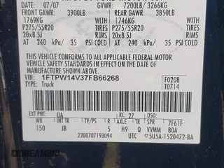 2007 Ford F-150 XLT with VIN 1FTPW14V37FB66268, listed as a IAAI auction lot 42395552 with 193,753 mi miles and . Bid and sale history available at DreamBid. Image 9.