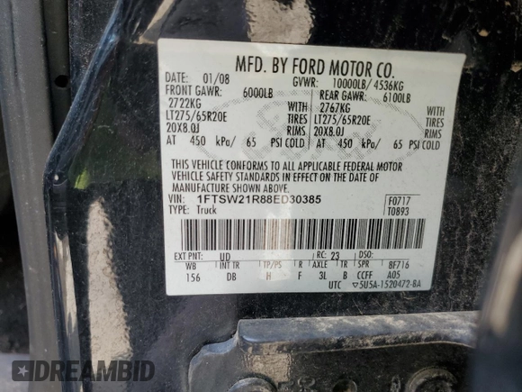 2008 Ford F-250 XL with VIN 1FTSW21R88ED30385, listed as a Copart auction lot 60608995 with 134,048 mi miles and Salvage title. Bid and sale history available at DreamBid. Image 12.