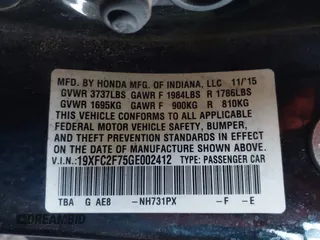 2016 Honda Civic Sedan EX with VIN 19XFC2F75GE002412, listed as a IAAI auction lot 41759751 with 209,582 mi miles. Bid and sale history available at carsss.com. Image 9.