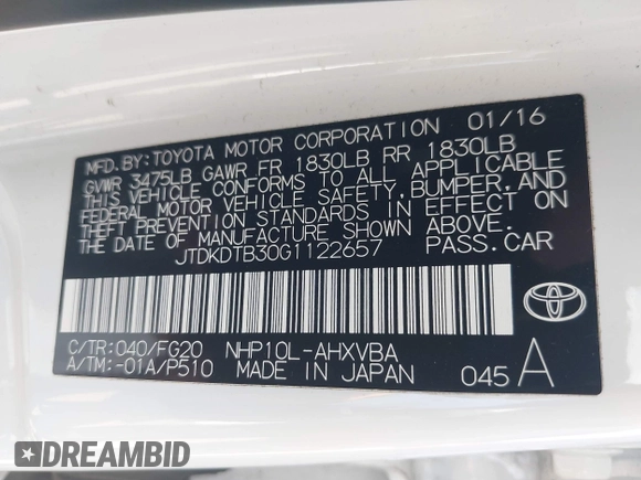 2016 Toyota Prius One with VIN JTDKDTB30G1122657, listed as a IAAI auction lot 42054090 with 108,229 mi miles and . Bid and sale history available at DreamBid. Image 9.