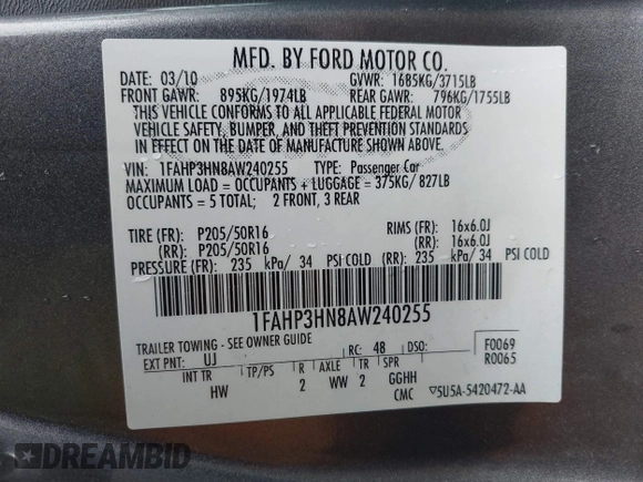 2010 Ford Focus SEL with VIN 1FAHP3HN8AW240255, listed as a IAAI auction lot 42072158 with 182,974 mi miles. Bid and sale history available at carsss.com. Image 9.