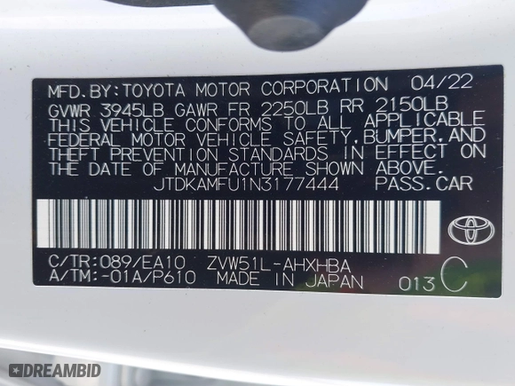 2022 Toyota Prius L Eco with VIN JTDKAMFU1N3177444, listed as a IAAI auction lot 41812402 with 44,666 mi miles. Bid and sale history available at carsss.com. Image 9.