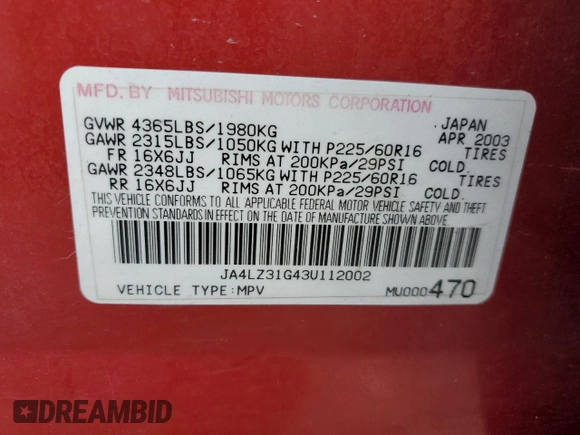 2003 Mitsubishi Outlander LS with VIN JA4LZ31G43U112002, listed as a Copart auction lot 78537764 with 171,902 mi miles and Salvage Title. Bid and sale history available at carsss.com. Image 12.