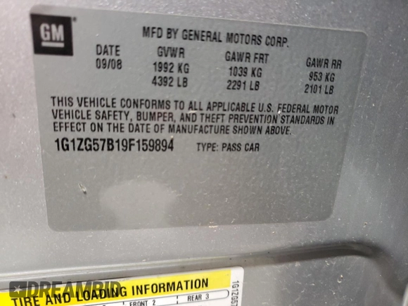2009 Chevrolet Malibu 1LS with VIN 1G1ZG57B19F159894, listed as a Copart auction lot 52992695 with 209,778 mi miles and Salvage Title. Bid and sale history available at DreamBid. Image 12.