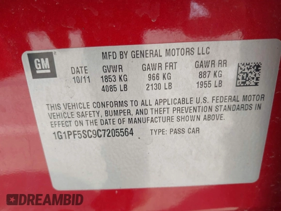 2012 Chevrolet Cruze 1LT with VIN 1G1PF5SC9C7205564, listed as a IAAI auction lot 42008632 with 144,094 mi miles and . Bid and sale history available at DreamBid. Image 9.
