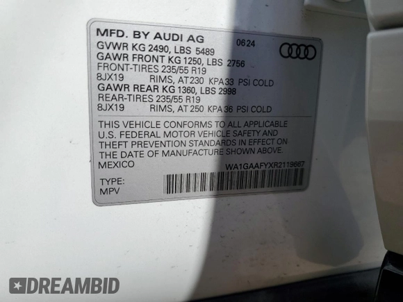 2024 Audi Q5 S line Premium with VIN WA1GAAFYXR2119667, listed as a Copart auction lot 55909455 with 8,383 mi miles and Salvage title. Bid and sale history available at DreamBid. Image 13.