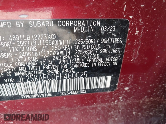 2023 Subaru Forester Premium with VIN JF2SKAEC0PH460025, listed as a IAAI auction lot 42774474 with 15,677 mi miles and . Bid and sale history available at DreamBid. Image 9.