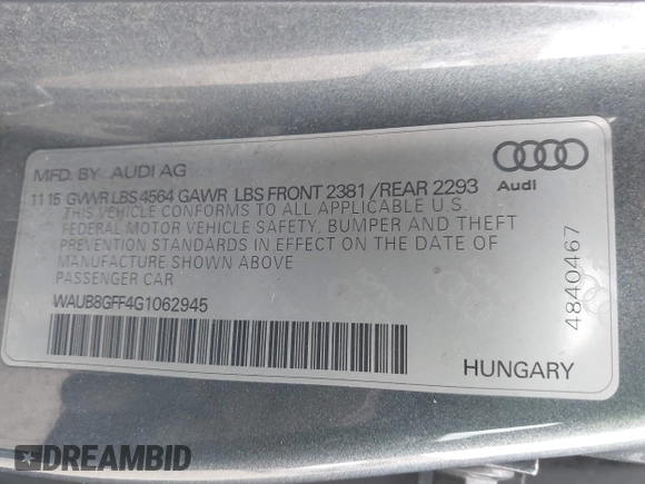 2016 Audi A3 Premium with VIN WAUB8GFF4G1062945, listed as a IAAI auction lot 39637231 with 135,017 mi miles and . Bid and sale history available at DreamBid. Image 9.