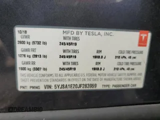 2018 Tesla Model S 75D with VIN 5YJSA1E20JF283959, listed as a Copart auction lot 59386465 with 75,078 mi miles and Salvage title. Bid and sale history available at DreamBid. Image 13.