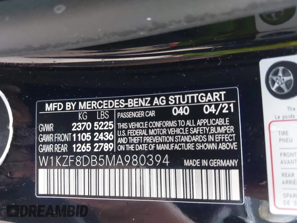 2021 Mercedes-Benz E-Class E 350 with VIN W1KZF8DB5MA980394, listed as a IAAI auction lot 41112718 with 1 mi miles. Bid and sale history available at carsss.com. Image 9.