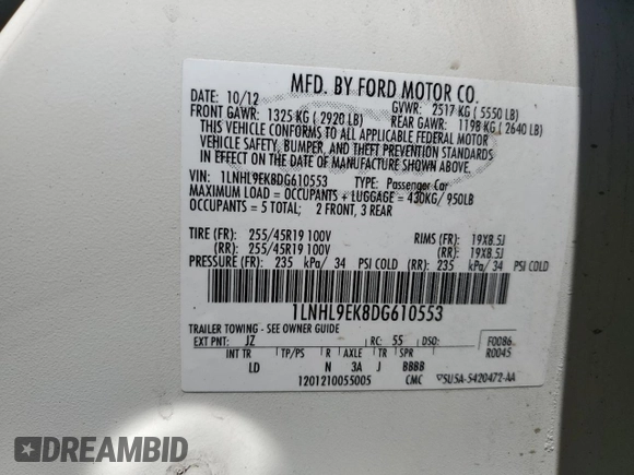 2013 Lincoln MKS с VIN 1LNHL9EK8DG610553, выставлен на аукционе Copart как лот 59160125 с пробегом 128 846 миль миль и Списание • Salvage title. История ставок и продаж доступна на DreamBid. Изображение 12.