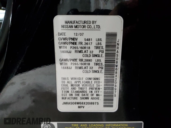 2008 Infiniti FX with VIN JNRAS08W68X208975, listed as a Copart auction lot 76033244 with 189,900 mi miles and Salvage Title. Bid and sale history available at DreamBid. Image 14.