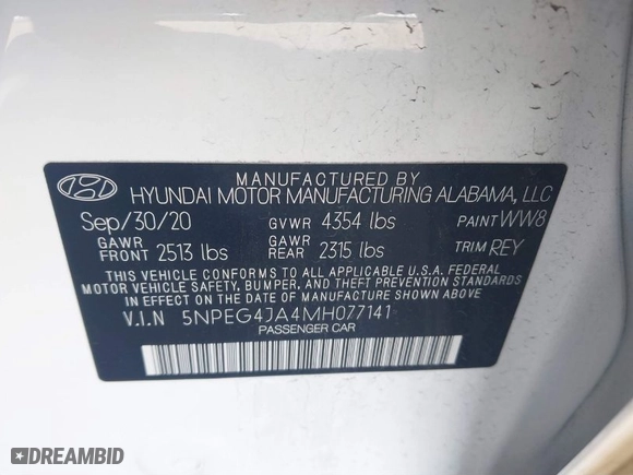 2021 Hyundai Sonata SE with VIN 5NPEG4JA4MH077141, listed as a IAAI auction lot 41534527 with 103,531 mi miles. Bid and sale history available at carsss.com. Image 9.