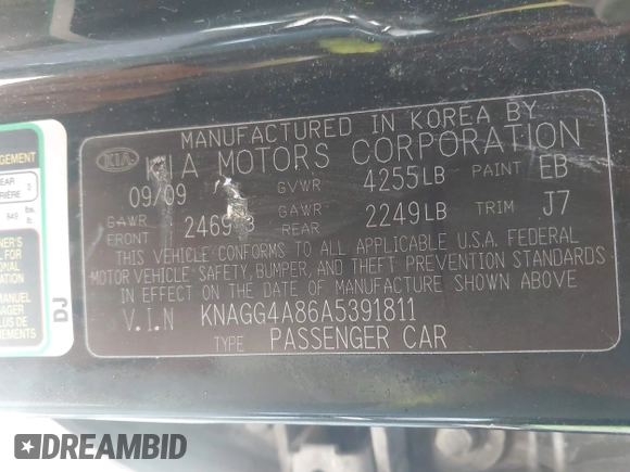 2010 Kia Optima LX with VIN KNAGG4A86A5391811, listed as a IAAI auction lot 41928441 with 152,385 mi miles. Bid and sale history available at carsss.com. Image 9.