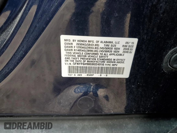 2016 Honda Pilot Touring with VIN 5FNYF6H90GB024916, listed as a Copart auction lot 53024175 with 132,295 mi miles and Salvage Title. Bid and sale history available at DreamBid. Image 14.