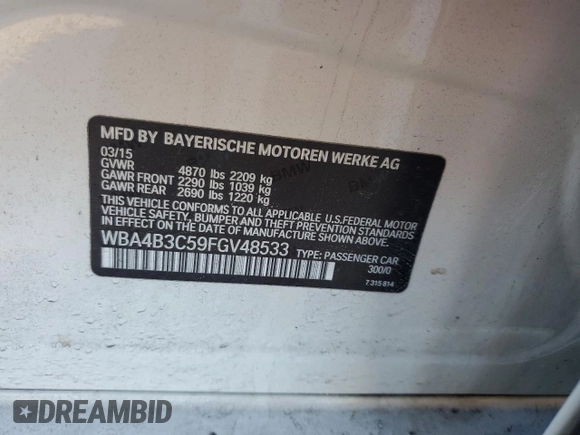 2015 BMW 4 Series 435i xDrive with VIN WBA4B3C59FGV48533, listed as a Copart auction lot 87441184 with 102,482 mi miles and Salvage Title. Bid and sale history available at DreamBid. Image 12.