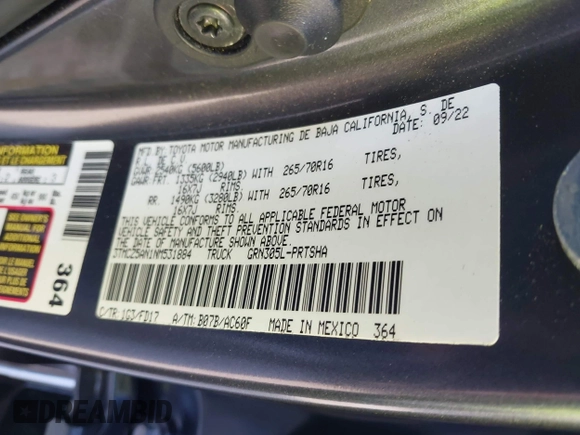2022 Toyota Tacoma SR z VIN 3TMCZ5AN1NM531884, wystawiony jako IAAI lot #42257444 z przebiegiem Nie podano mil oraz . Historia ofert i sprzedaży dostępna na DreamBid. Obrazek 9.