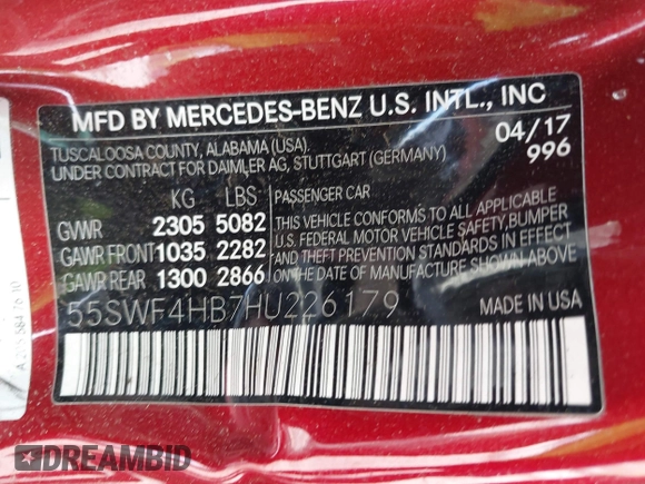 2017 Mercedes-Benz C 350e with VIN 55SWF4HB7HU226179, listed as a IAAI auction lot 41910998 with 95,351 mi miles and . Bid and sale history available at DreamBid. Image 9.