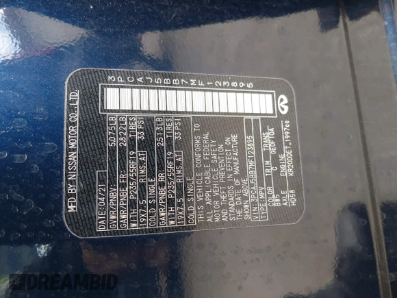 2021 Infiniti QX50 Luxe with VIN 3PCAJ5BB7MF123895, listed as a IAAI auction lot 41811100 with 23,164 mi miles and . Bid and sale history available at DreamBid. Image 9.