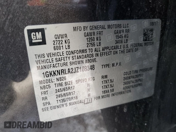 2018 GMC Acadia SLE with VIN 1GKKNRLA2JZ108348, listed as a Copart auction lot 87833005 with 130,403 mi miles and Salvage title. Bid and sale history available at DreamBid. Image 16.