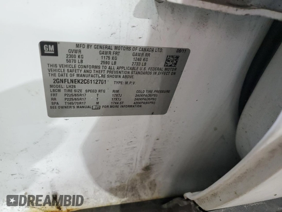 2012 Chevrolet Equinox LT w/2LT with VIN 2GNFLNEK2C6112701, listed as a Copart auction lot 46310725 with 184,780 mi miles and Salvage Title. Bid and sale history available at carsss.com. Image 14.