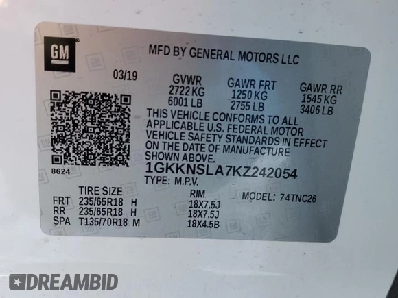 2019 GMC Acadia SLE with VIN 1GKKNSLA7KZ242054, listed as a Copart auction lot 89355525 with 138,275 mi miles and Salvage Title. Bid and sale history available at DreamBid. Image 16.