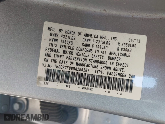 2013 Honda Accord Sdn EX-L with VIN 1HGCR2F89DA206267, listed as a IAAI auction lot 41882372 with Not Provided miles. Bid and sale history available at carsss.com. Image 9.
