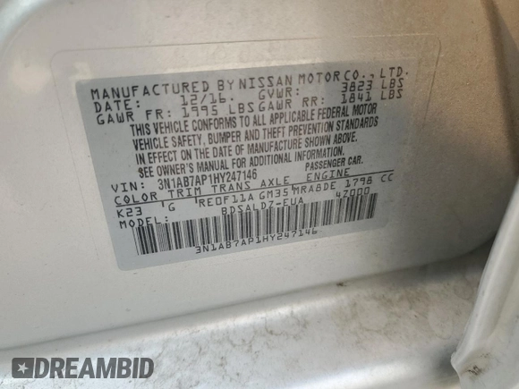 2017 Nissan Sentra SR with VIN 3N1AB7AP1HY247146, listed as a Copart auction lot 63868695 with 124,377 mi miles and Salvage title. Bid and sale history available at DreamBid. Image 12.