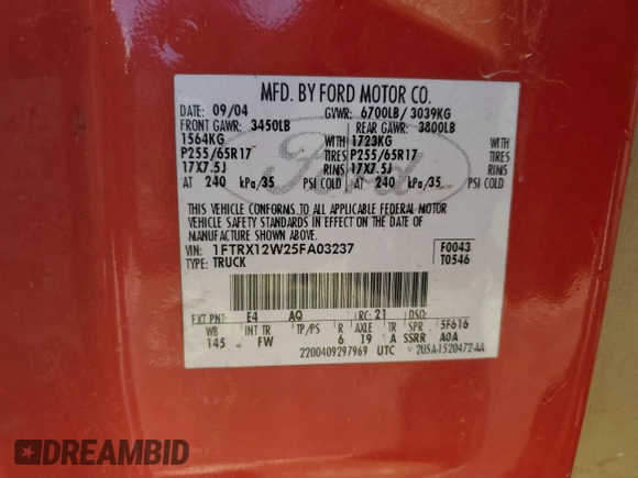 2005 Ford F-150 STX with VIN 1FTRX12W25FA03237, listed as a Copart auction lot 45894615 with 240,826 mi miles and Salvage Title. Bid and sale history available at carsss.com. Image 13.